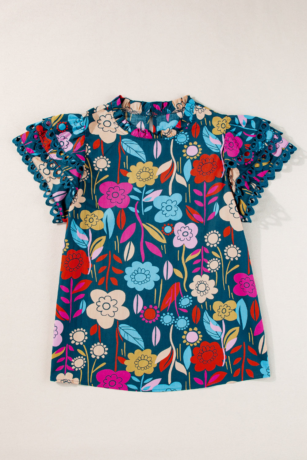 Green Trimmed Ruffle Sleeve Summer Floral Blouse - Ballimart