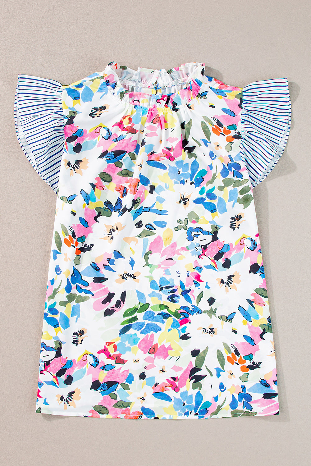 Light Blue Floral Print Striped Ruffled Sleeve Blouse - Ballimart
