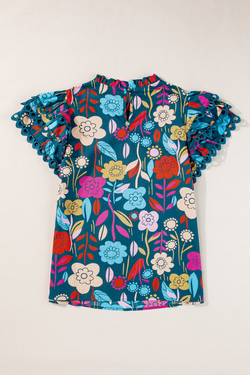 Green Trimmed Ruffle Sleeve Summer Floral Blouse - Ballimart