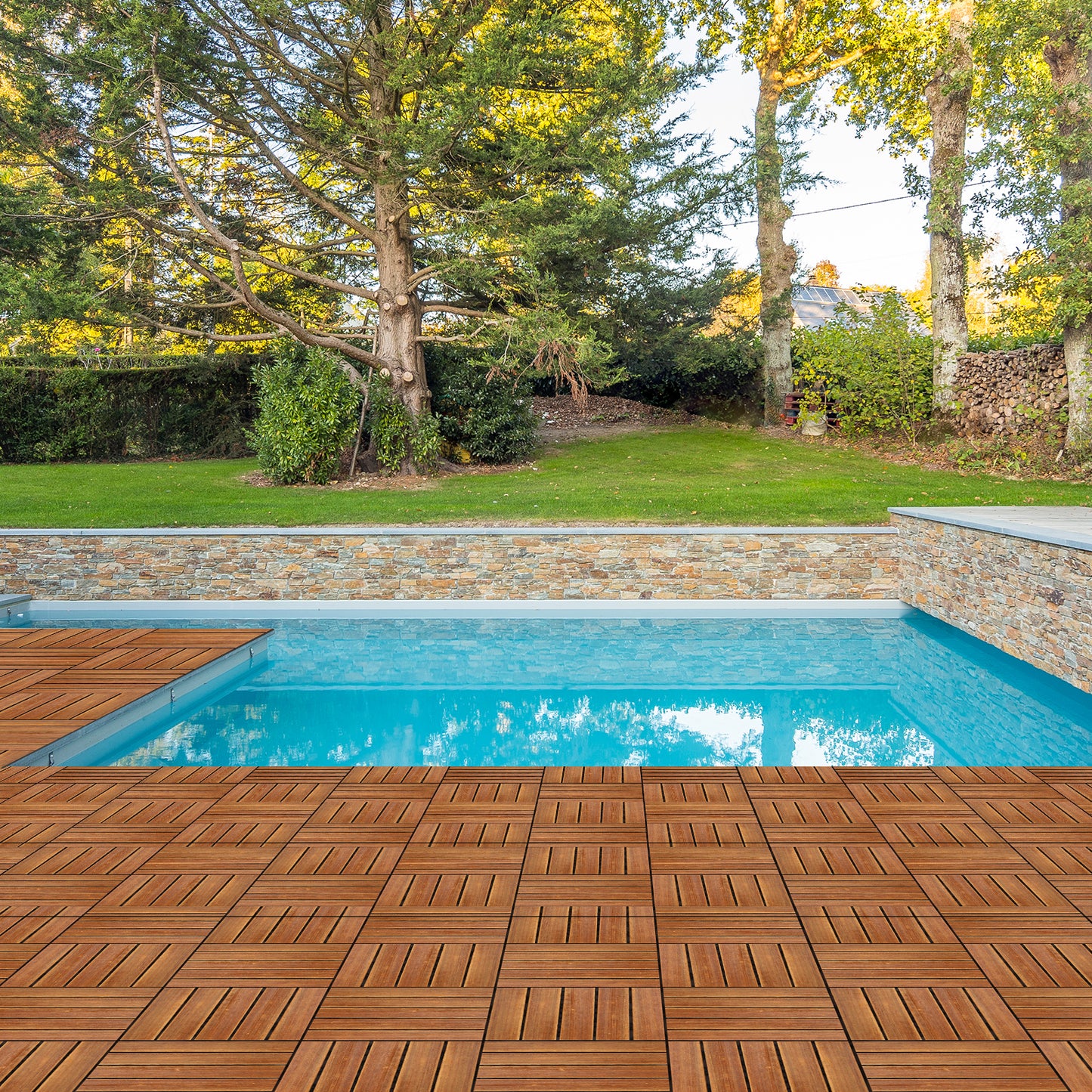 27pcs Wood Interlocking Deck Tiles 11.8"x11.8", Waterproof Flooring Tiles for Indoor and Outdoor, Patio Wood Flooring for Patio Porch Poolside Balcony Backyard, Stripe Pattern - Ballimart