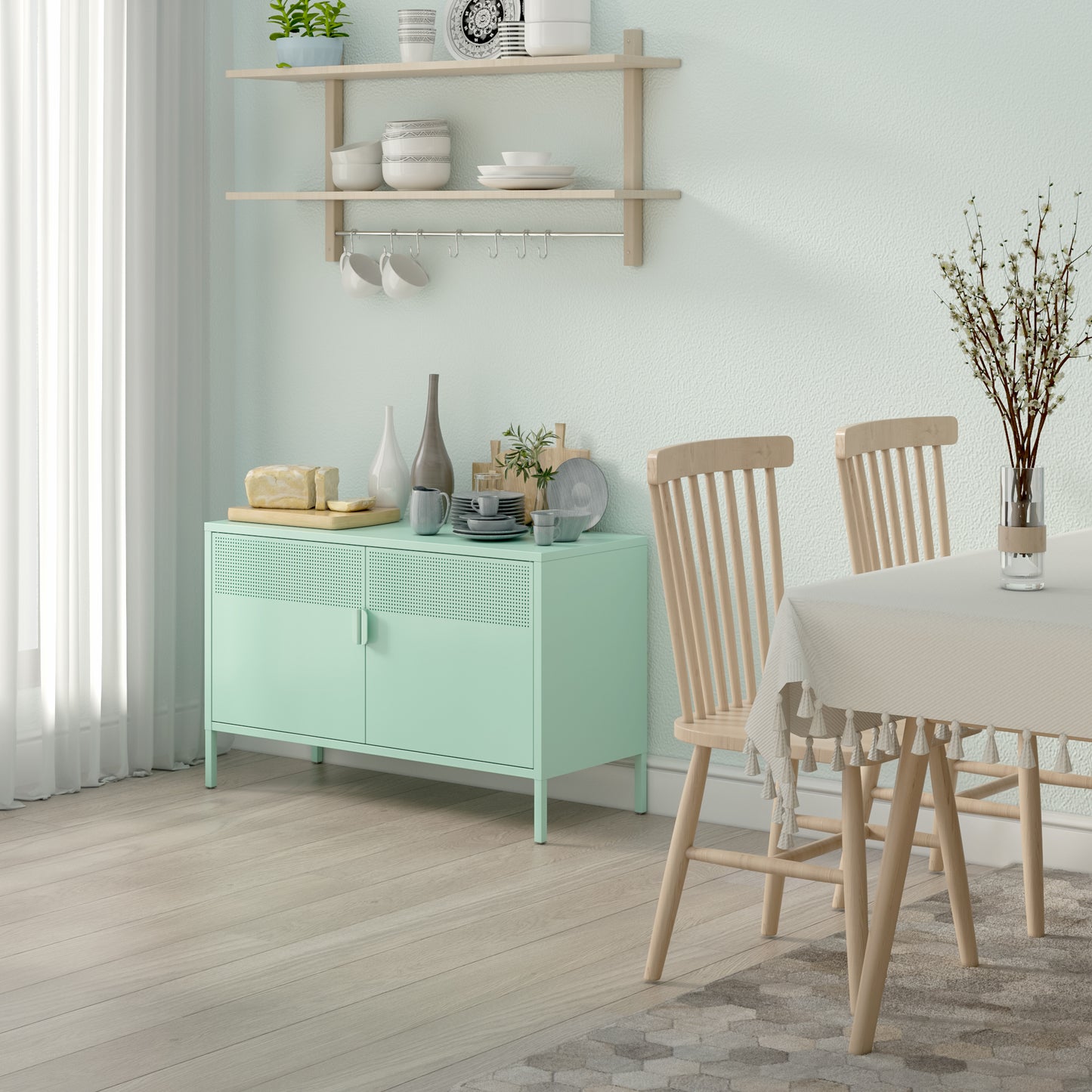 Steel metal low cabinet、green The upper half of the door has ventilation holes - Ballimart