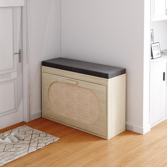 Rattan Shoe Rack, Hallway Shoe Bench, Shoe Cabinet with Flip-Drawer and Seat Cushion - Ballimart