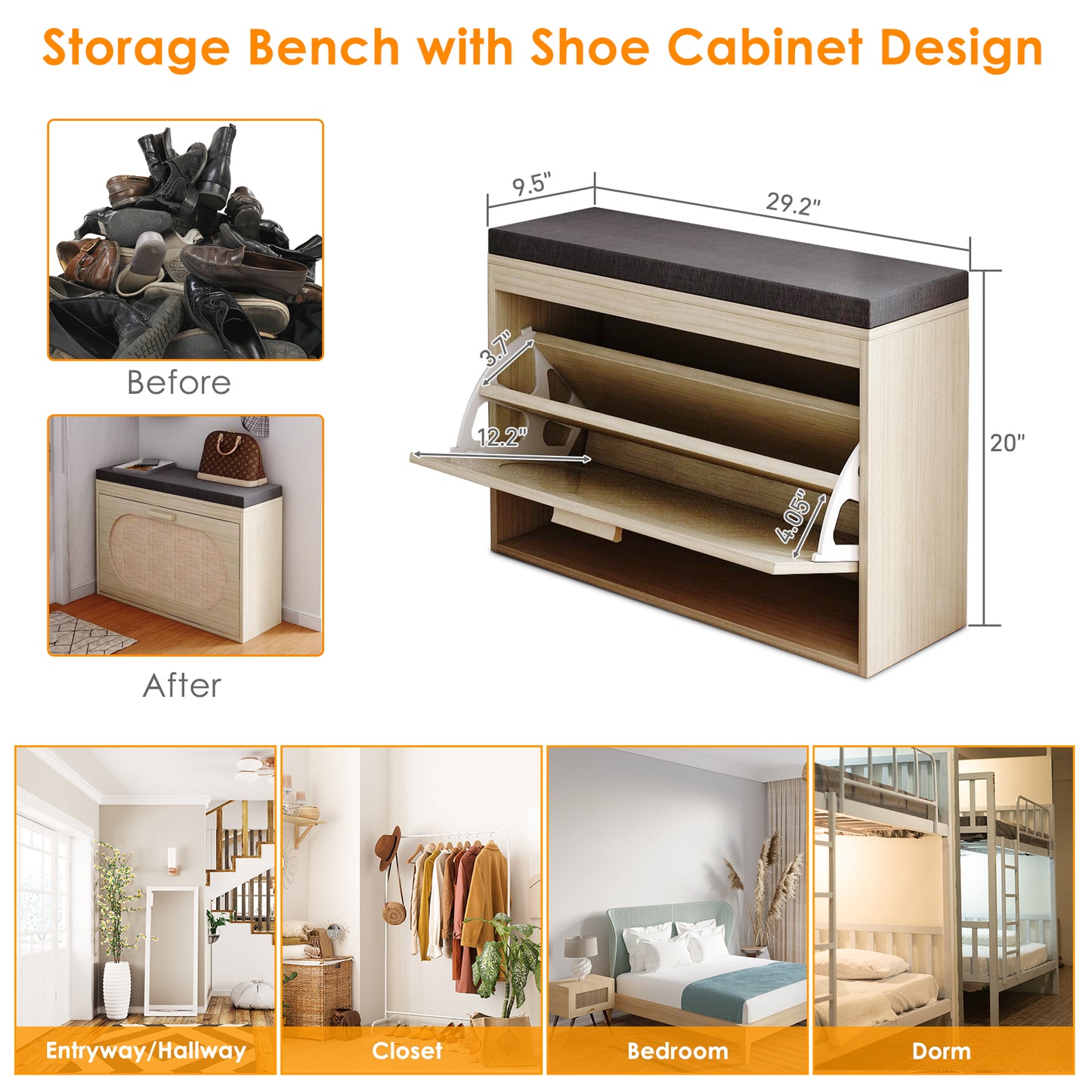 Rattan Shoe Rack, Hallway Shoe Bench, Shoe Cabinet with Flip-Drawer and Seat Cushion - Ballimart