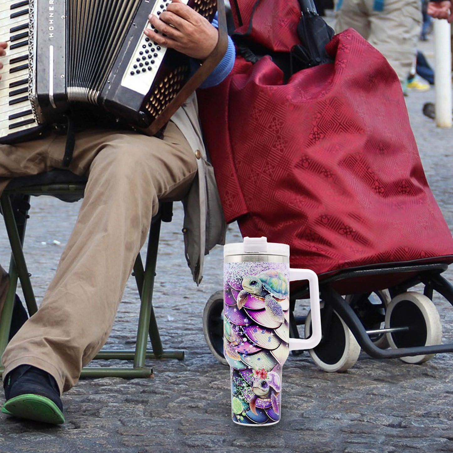 1pc 40oz large capacity Tumbler, Sea turtles With Handle And Straw Lid, 304 Stainless Steel Water Bottles Travel Mug Coffee Cup car cup water cup For Men Women Outdoor Camping Driving, - Ballimart