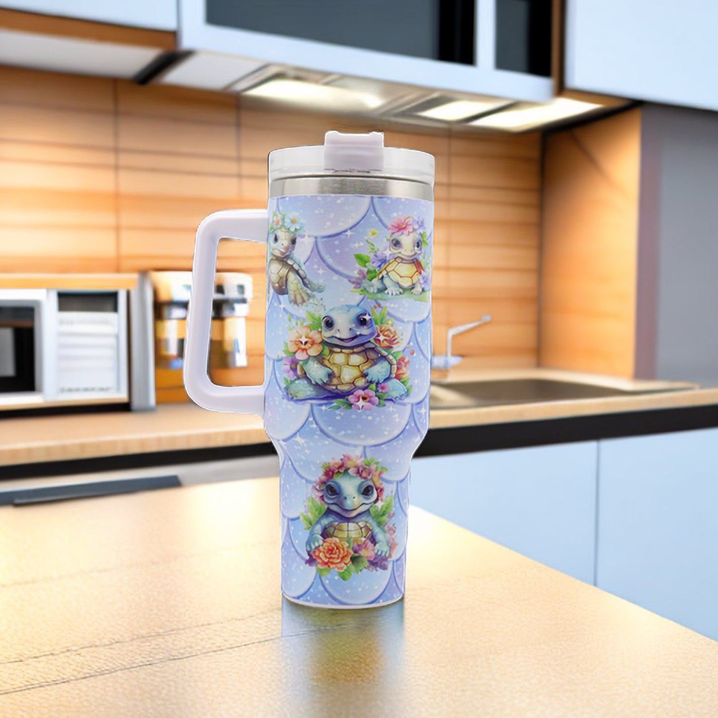 1pc 40oz large capacity Tumbler, Sea turtles With Handle And Straw Lid, 304 Stainless Steel Water Bottles Travel Mug Coffee Cup car cup water cup For Men Women Outdoor Camping Driving, - Ballimart