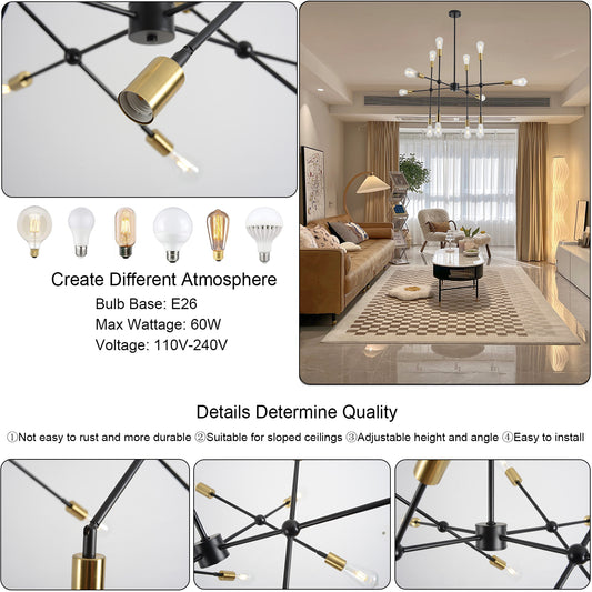 Modern Sputnik Chandelier, Mid Century Chandelier Light Fixture, Black and Gold Pendant Lighting for Living Room Bedroom Dining Room Farmhouse Kitchen - Ballimart