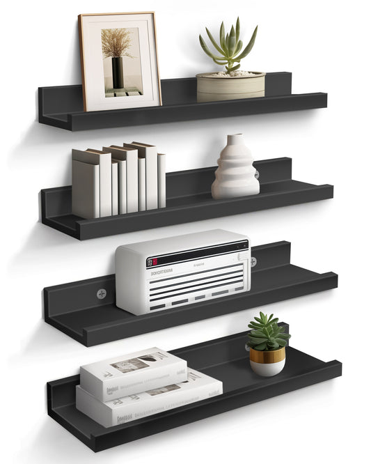 Small 16” Floating Shelves for Wall Décor Storage, Set of 4, Wood for Bedroom, Living Room, Bathroom, Kitchen, Picture Ledge and Farmhouse (No shipments on weekends) - Ballimart