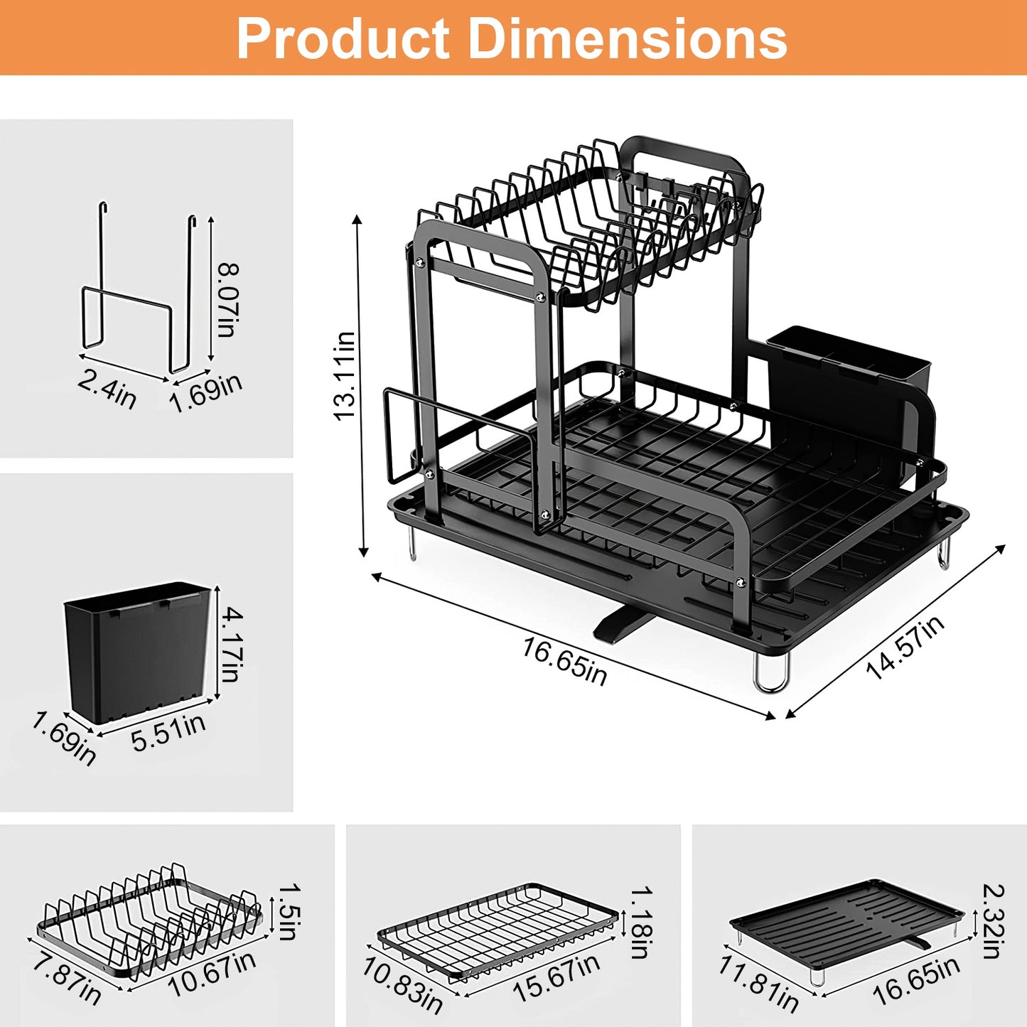 2-Tier 16.65x14.57x13.11in Dish Drying Rack for Kitchen Dish Rack with Drainboard Detachable Kitchen Drainer Organizer Set with Utensil Holder Bowl Rack Dish Rack(No shipment on weekends) - Ballimart