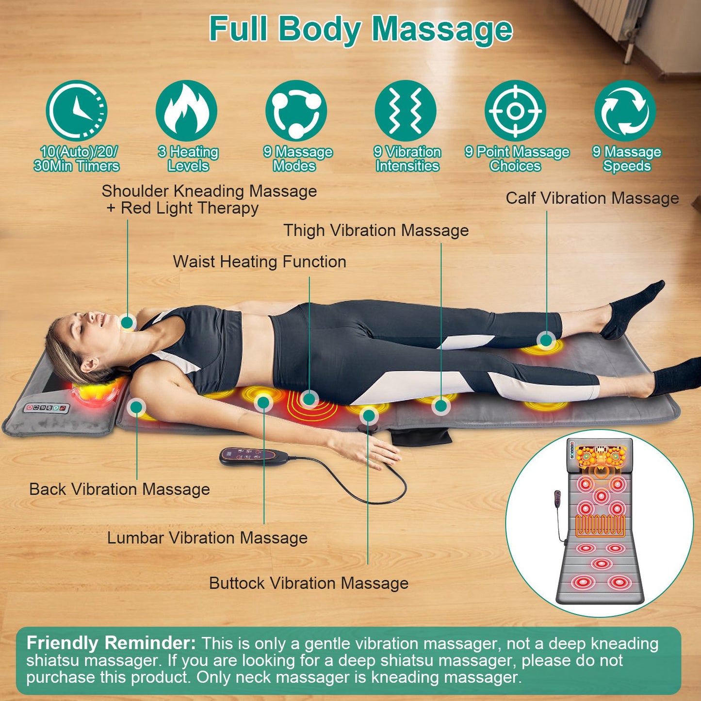 Full Body Massage Mat with Heat 10 Neck Shiatsu Kneading Massage Heads, Multifunctional Electric Heated Massage Chair Back Pad for Back Lumbar Leg Pain Relief(No shipments on weekends) - Ballimart