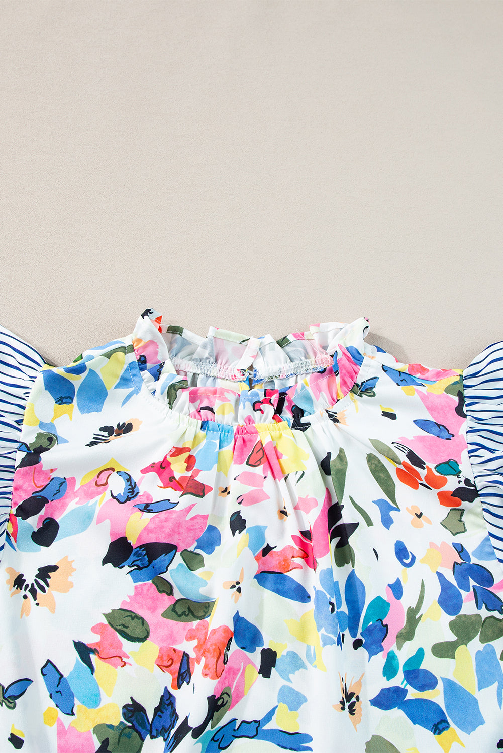 Light Blue Floral Print Striped Ruffled Sleeve Blouse - Ballimart