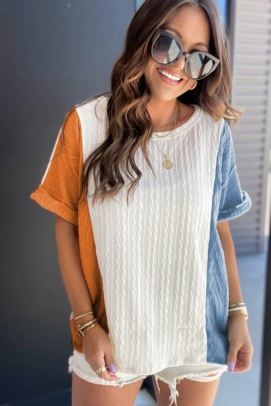 Light Blue Textured Color Block Loose Fit T Shirt - Ballimart