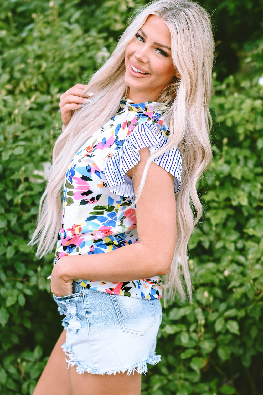 Light Blue Floral Print Striped Ruffled Sleeve Blouse - Ballimart