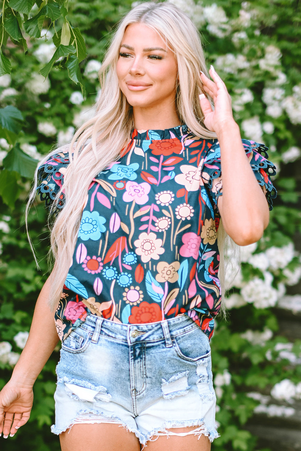 Green Trimmed Ruffle Sleeve Summer Floral Blouse - Ballimart