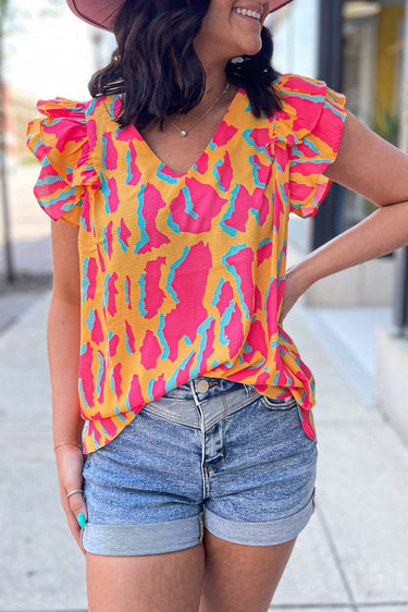 Orange Abstract Print V Neck Ruffled Sleeve Blouse - Ballimart