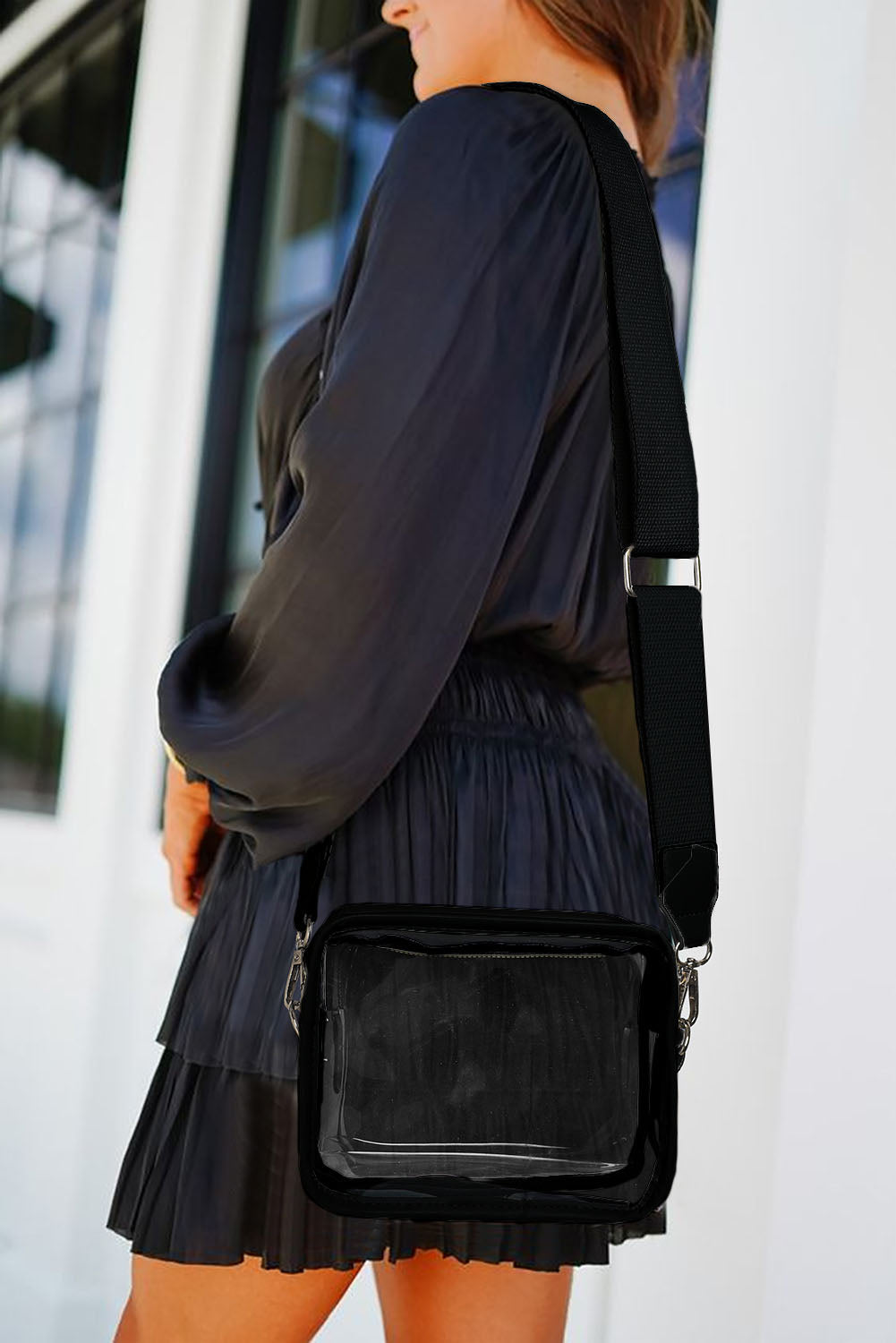 Black Clear PVC Leather Strap Crossbody Bag - Ballimart