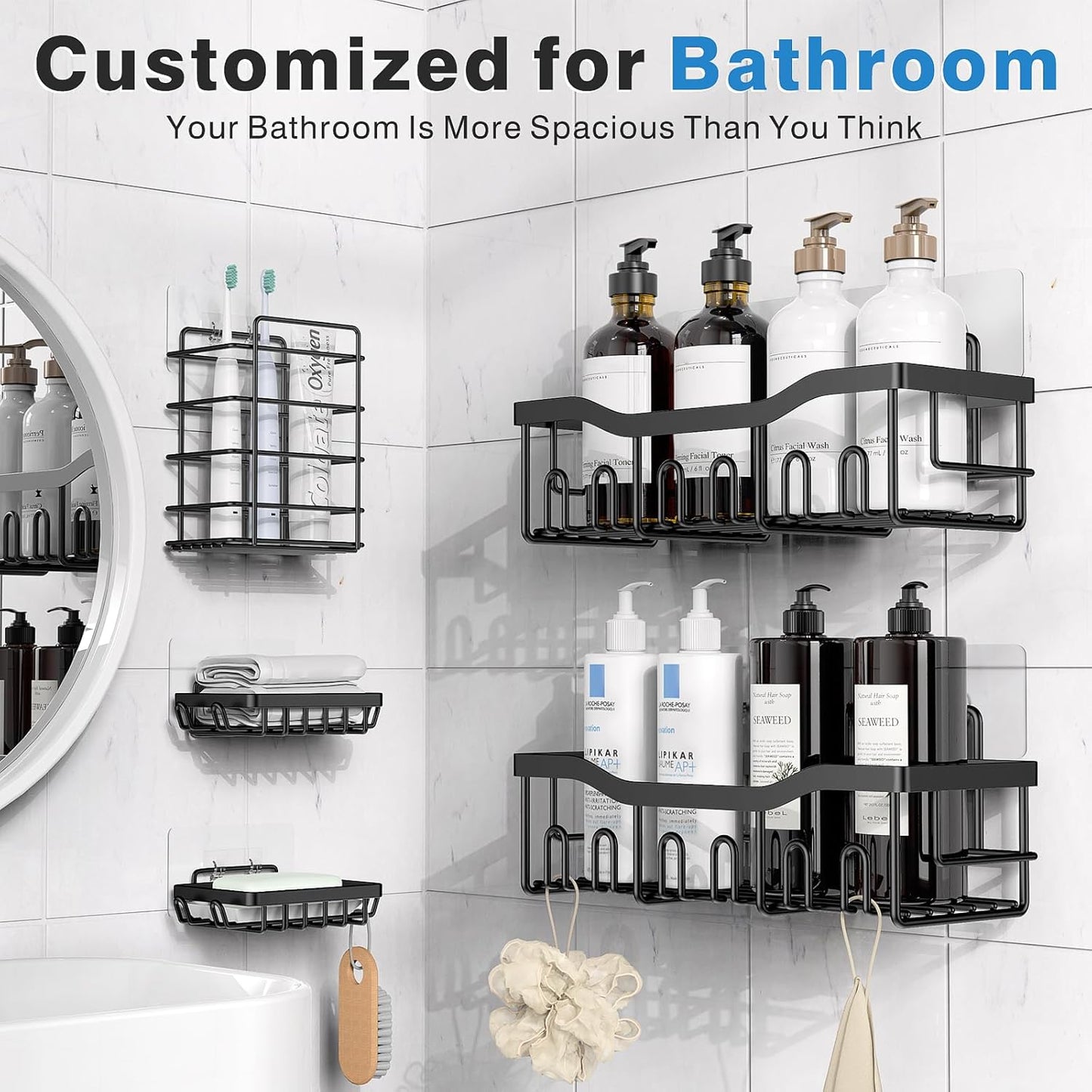 Adhesive Shower Caddy 5-Pack – Rustproof Stainless Steel Bathroom Organizers with Large Capacity | No-Drilling Shelves for Efficient Bathroom & Home Storage - Ballimart