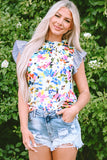 Light Blue Floral Print Striped Ruffled Sleeve Blouse - Ballimart