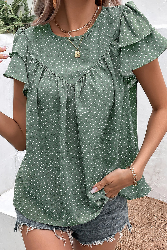 Laurel Green Dotted Ruffle Sleeve Crew Neck Ruched Blouse - Ballimart