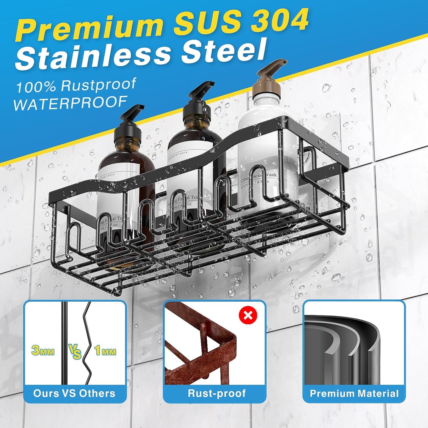 Adhesive Shower Caddy 5-Pack – Rustproof Stainless Steel Bathroom Organizers with Large Capacity | No-Drilling Shelves for Efficient Bathroom & Home Storage - Ballimart