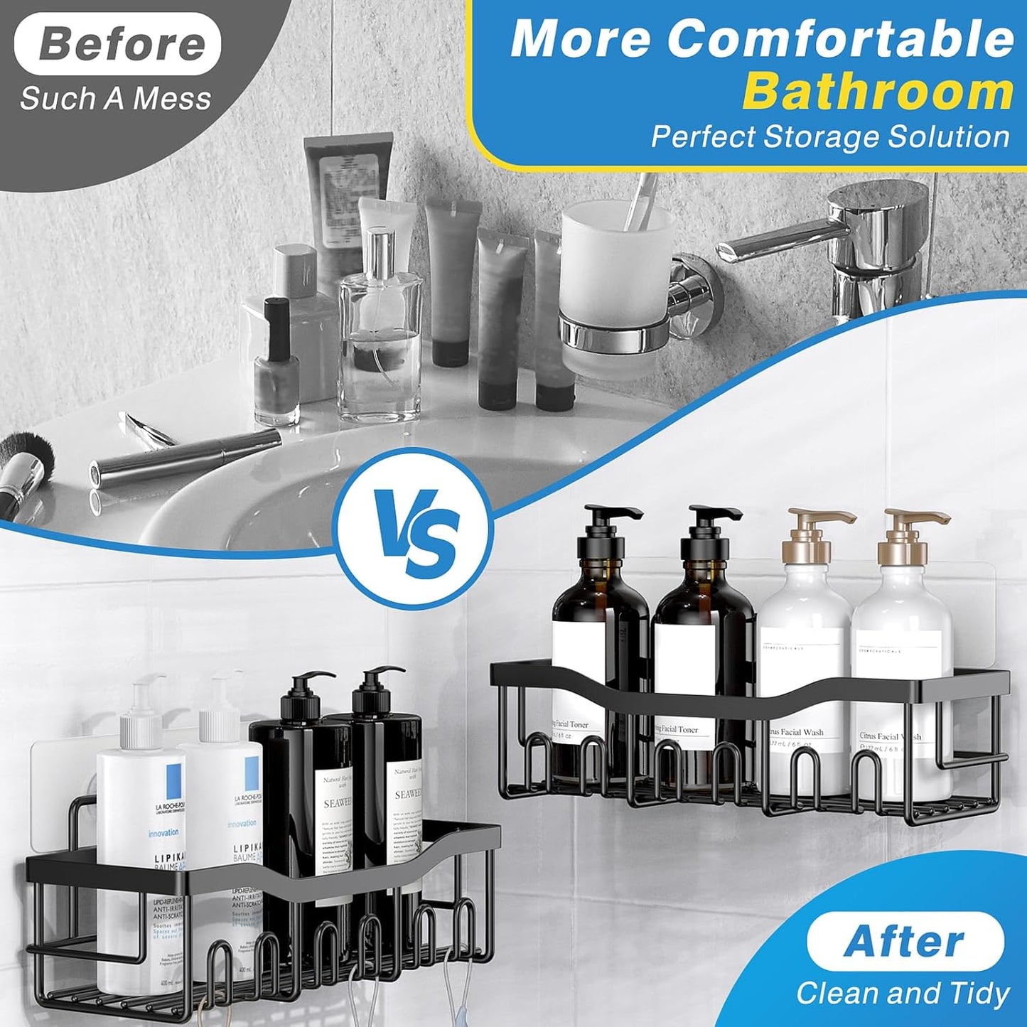 Adhesive Shower Caddy 5-Pack – Rustproof Stainless Steel Bathroom Organizers with Large Capacity | No-Drilling Shelves for Efficient Bathroom & Home Storage - Ballimart