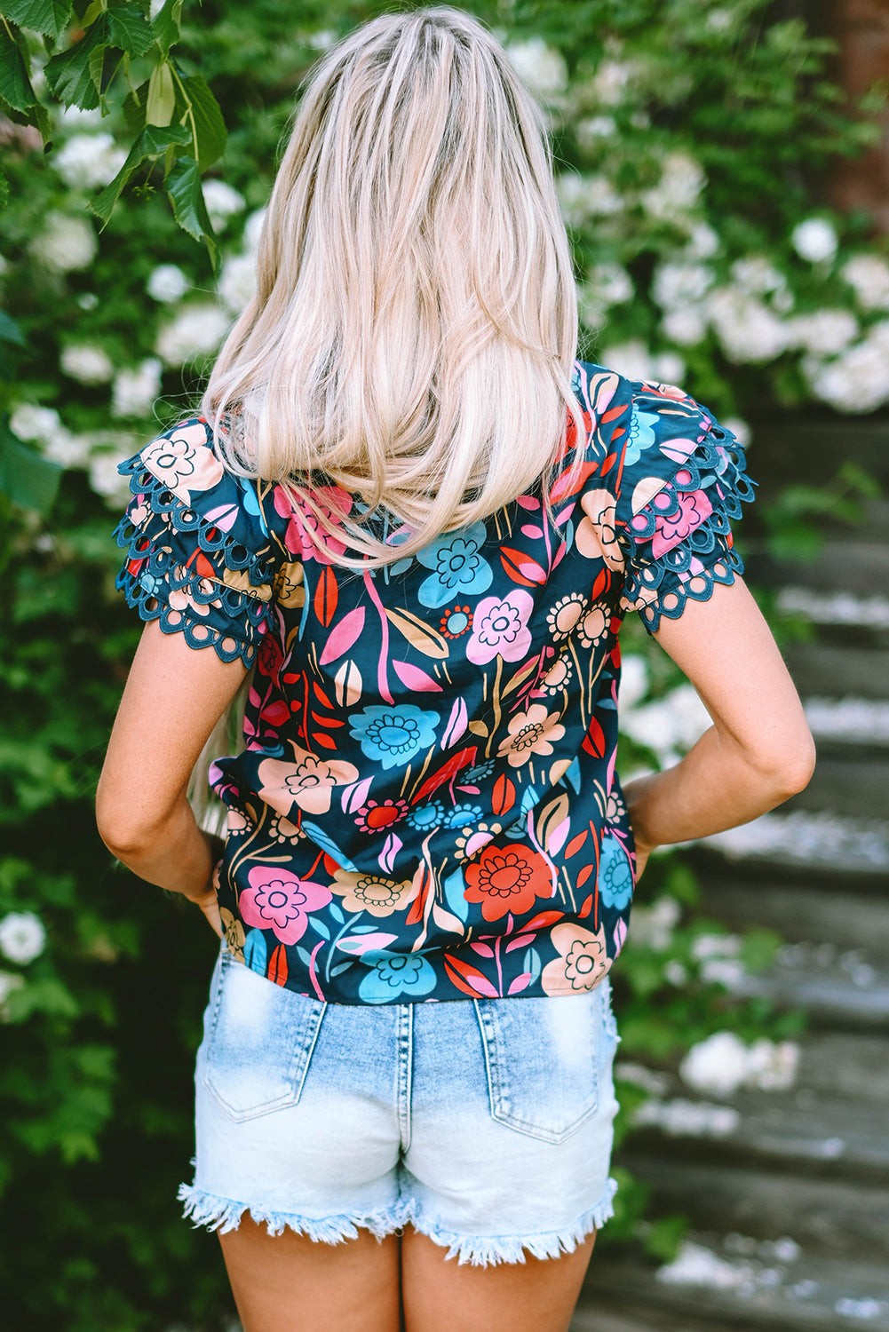 Green Trimmed Ruffle Sleeve Summer Floral Blouse - Ballimart