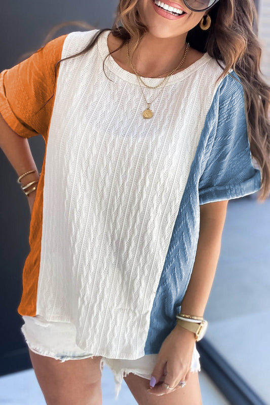 Light Blue Textured Color Block Loose Fit T Shirt - Ballimart