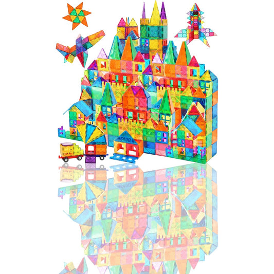 AFUNX Magnetic Building Blocks Set – 102PCS 3D Magnetic Tiles for Kids with 2 Car Bases, Educational STEM Toy for Creativity & Imagination - Ballimart