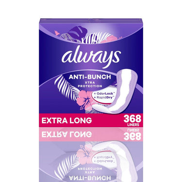 Always Anti-Bunch Xtra Protection Panty Liners for Women, Extra Long, Unscented, 368 Count - Ballimart