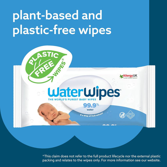 WaterWipes Plastic-Free Original Baby Wipes - Unscented, 99.9% Water-Based, Hypoallergenic, 60 Count (Pack of 12) | Ideal for Sensitive Newborn & Premature Skin - Ballimart