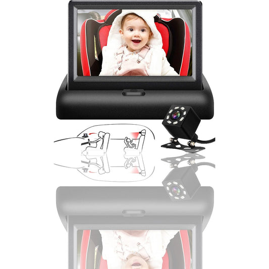 Baby Car Mirror with HD Night Vision – 4.3'' Display, Safety Rear Seat Camera for Monitoring Baby’s Moves, Adjustable Angle, Easy Installation