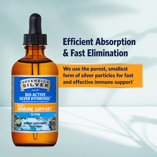 Sovereign Silver Bio-Active Silver Hydrosol – 10PPM, 4oz Dropper Premium Colloidal Silver Supplement for Immune Support