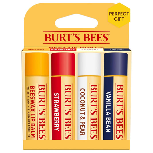 Burt’s Bees Lip Balm 4-Pack | Natural Moisturizing Lip Care | Beeswax, Strawberry, Coconut & Pear, Vanilla Bean