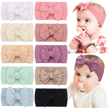 CÉLLOT 10 Colors Super Stretchy Nylon Knot Baby Girl Headbands with Hair Bows – Soft, Elastic Head Wraps for Newborns, Infants, Toddlers & Kids
