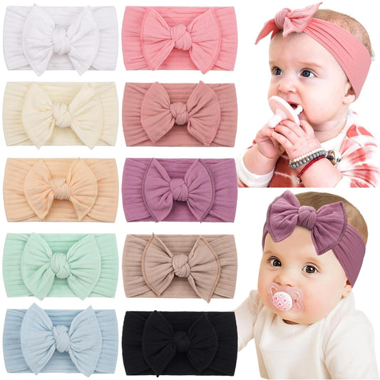 CÉLLOT 10 Colors Super Stretchy Nylon Knot Baby Girl Headbands with Hair Bows – Soft, Elastic Head Wraps for Newborns, Infants, Toddlers & Kids