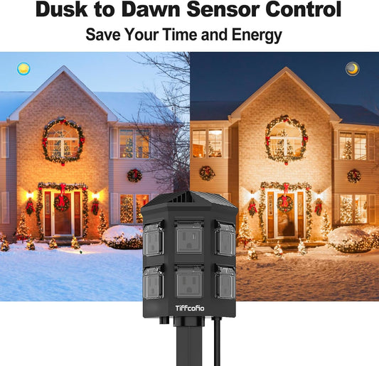 Title Outdoor Power Stake Timer with 100FT Remote Control – Dusk to Dawn, Waterproof Christmas Light Timer, 6 Grounded Outlets, 6FT Extension Cord, ETL Listed