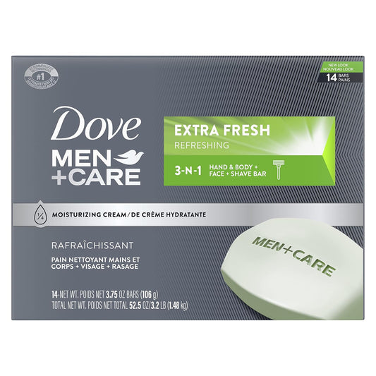 Dove Men+Care Extra Fresh Body and Face Bar 3-in-1 Cleanser for Shaving, Hydrating Skin, 3.75 oz, 14 Count - Moisturizing Face & Body Soap for Men