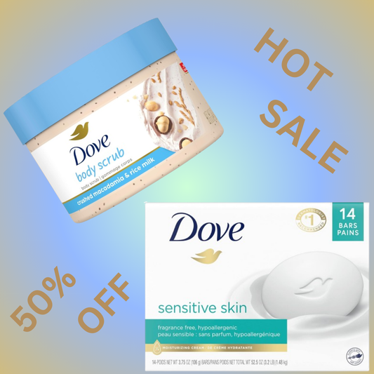 Dove Skincare Duo: Macadamia & Rice Milk Body Scrub and Sensitive Skin Beauty Bar Gentle Care for Radiant Skin
