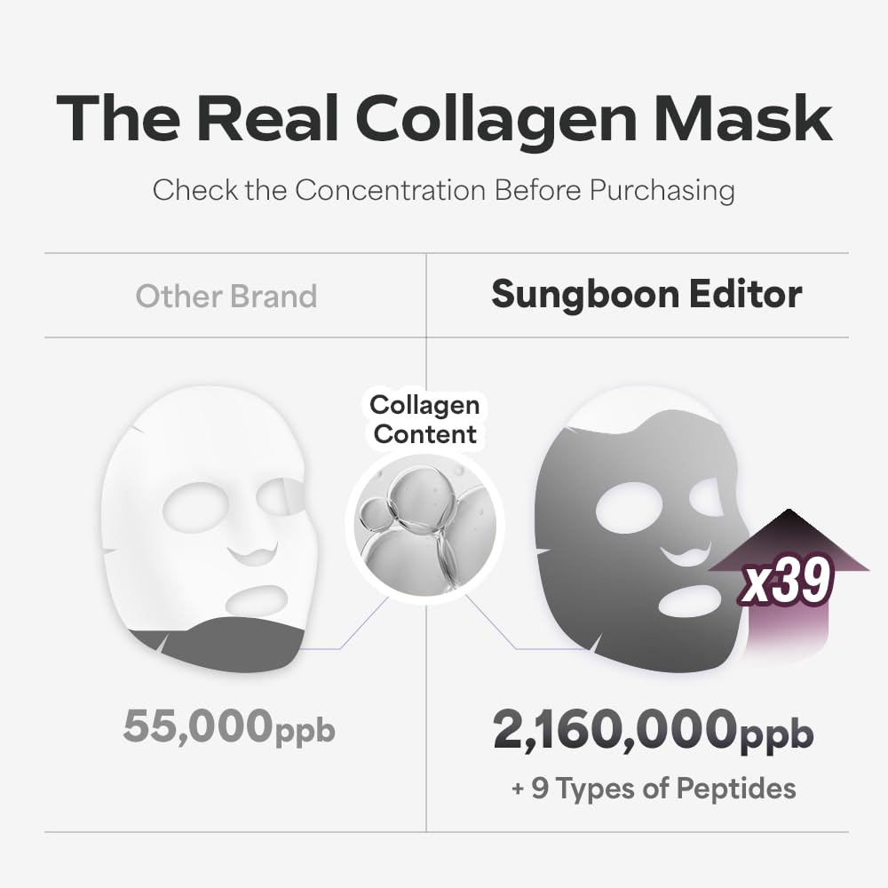 SUNGBOON EDITOR Deep Collagen Overnight Mask | Hydrating Korean Face Mask with 2,160,000PPB Collagen | Improves Elasticity & Soothes Sensitive Skin | 37gx4ea