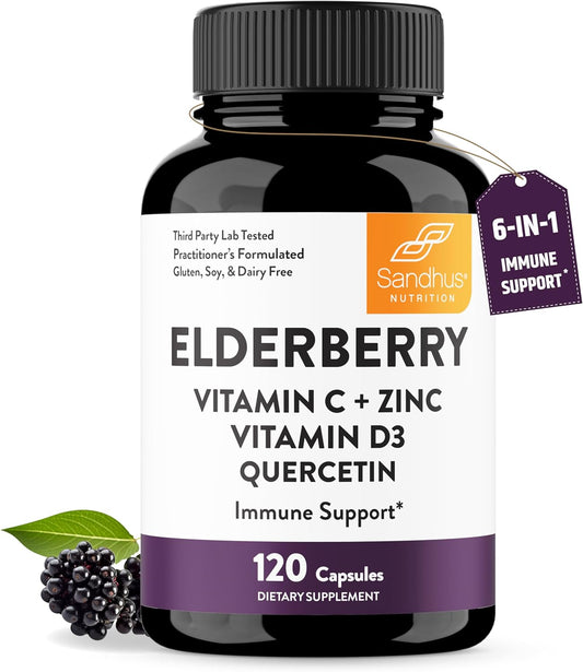 Elderberry Vitamin C & Zinc | Quercetin & Vitamin D3 | Immune Support Capsules for Adults | 2-Month Supply | Herbal Supplement for Men & Women