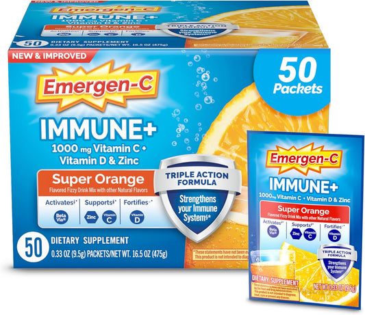 Emergen-C Immune+ Triple Action Powder – 1000mg Vitamin C, BetaVia®, B Vitamins & Antioxidants – Super Orange Flavor – 50 Packets