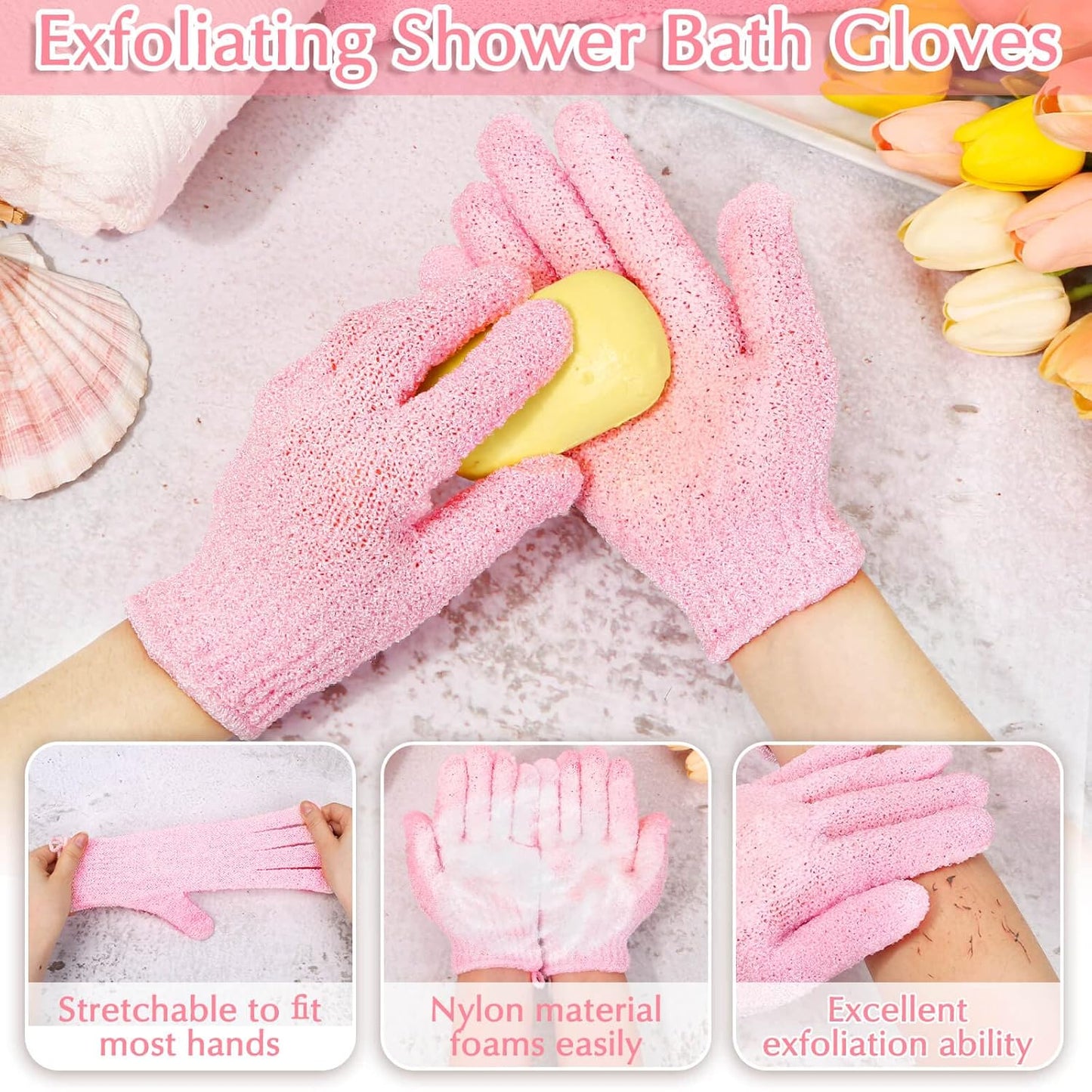 Anezus Exfoliating Shower Bath Gloves & Back Scrubber Set – Premium Pink Exfoliator for Body, Face, and Shower - Ballimart