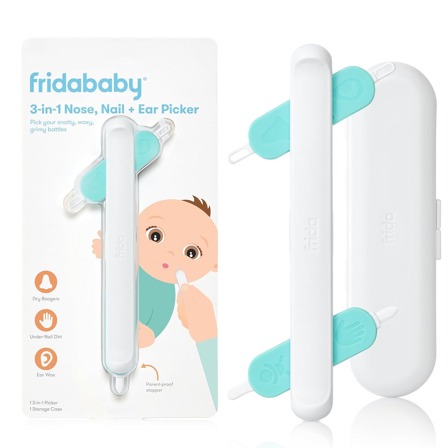 Frida Baby 3-in-1 Nose, Nail + Ear Picker | Baby Ear Cleaner, Nose Cleaner, and Nail Tool for Babies + Toddlers | Safely Clean Boogers, Ear Wax & More | Baby Stocking Stuffer