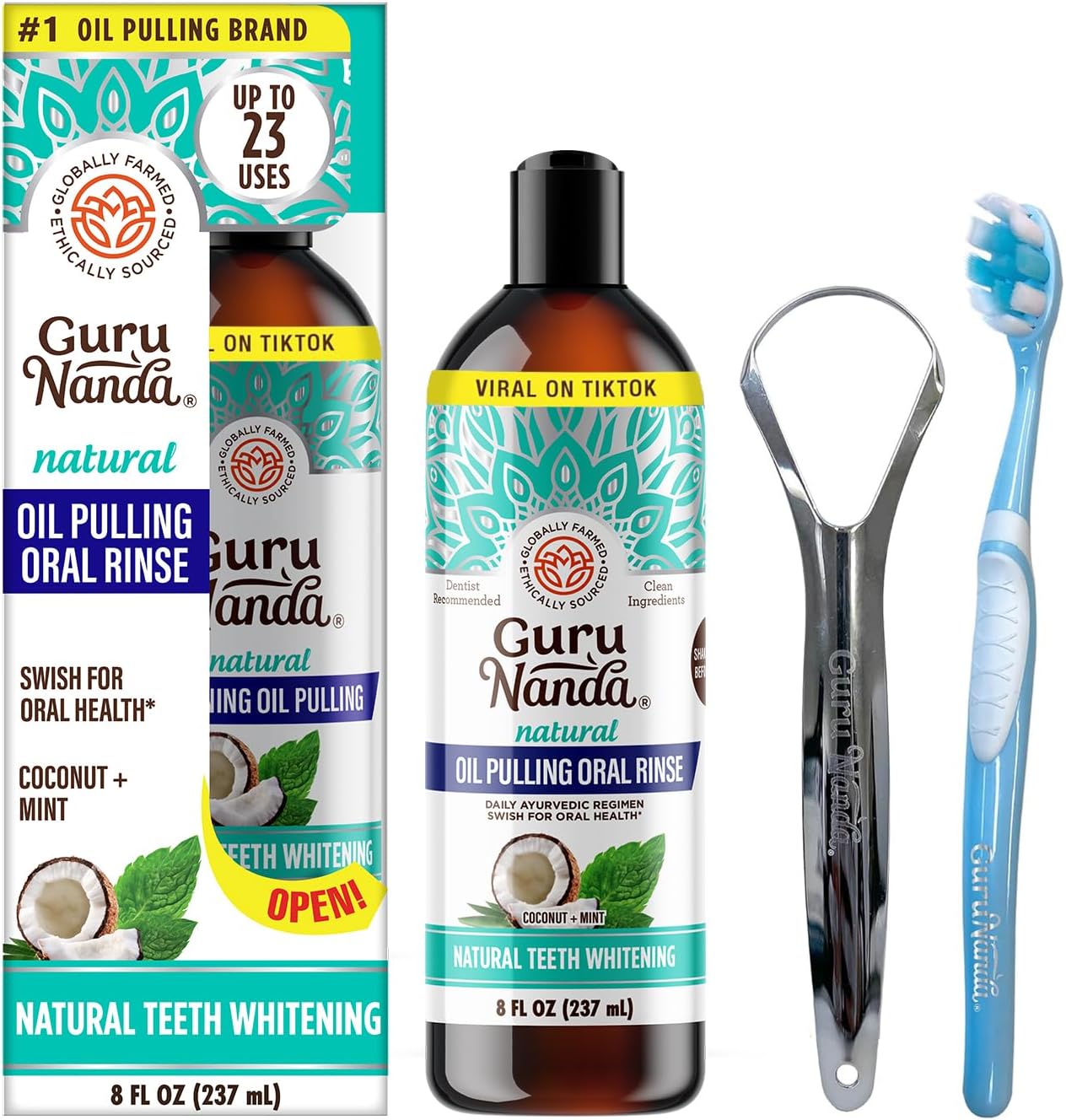 GuruNanda Coconut Oil Pulling Mouthwash with 7 Essential Oils & Vitamins – Alcohol-Free, Fresh Breath & Teeth Whitening, 8 oz