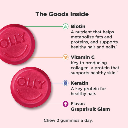 OLLY Undeniable Beauty Gummies – Biotin, Vitamin C & Keratin for Hair, Skin & Nails, 30-Day Supply, Gluten-Free Grapefruit Flavor - Ballimart