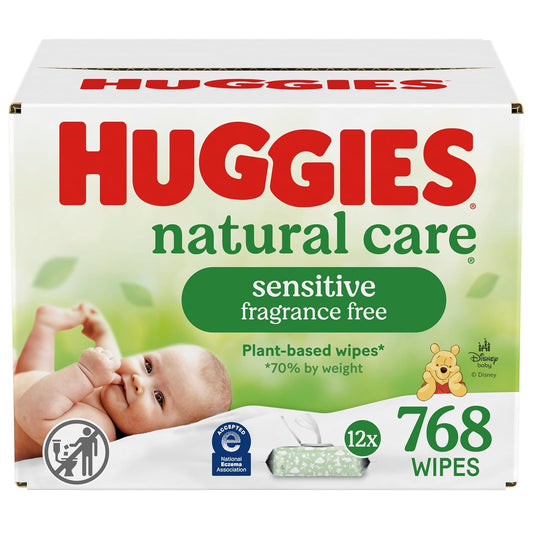 Huggies Natural Care Sensitive Baby Wipes – Unscented, Hypoallergenic, 99% Purified Water, 12 Flip-Top Packs (768 Wipes)