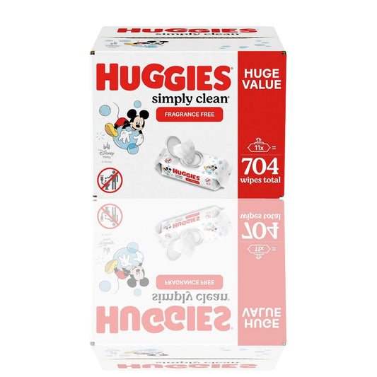 Huggies Simply Clean Fragrance-Free Baby Wipes (704 Count) – Unscented, Hypoallergenic & Dermatologist-Tested Wipes for Sensitive Skin