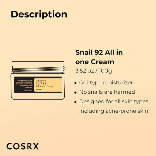 Title: COSRX Snail Mucin 92% Face Moisturizer | Lightweight Hydrating Cream for Glowy Skin | Korean Skin Care for Soothing & Repairing – 3.52 oz