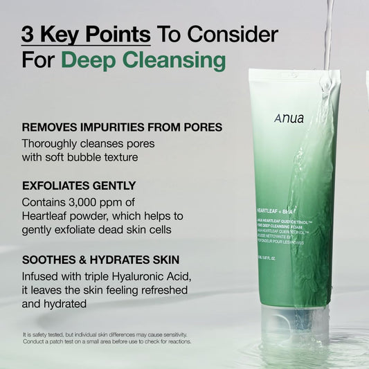 Anua Heartleaf Quercetinol Pore Deep Cleansing Foam | Facial Cleanser with BHA, Hyaluronic Acid, & Glycerin for Double Cleansing | Korean Skincare for Oily & Combination Skin