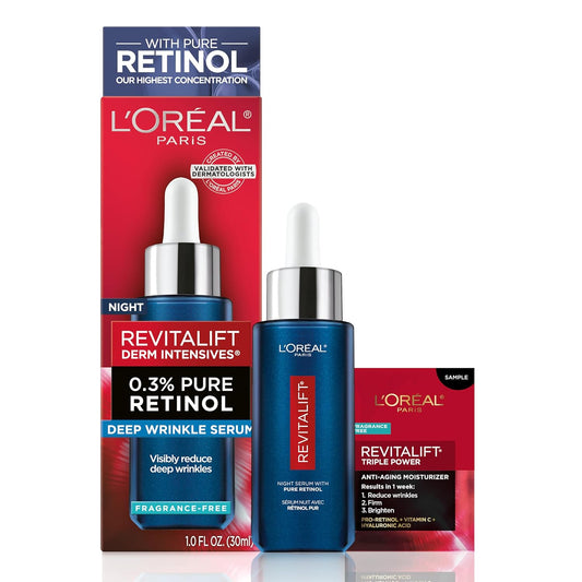 L'Oreal Paris Revitalift 0.3% Pure Retinol Night Serum | Deep Wrinkle Repair & Skin Smoothing | Fragrance-Free | 1 oz + Bonus Moisturizer Sample
