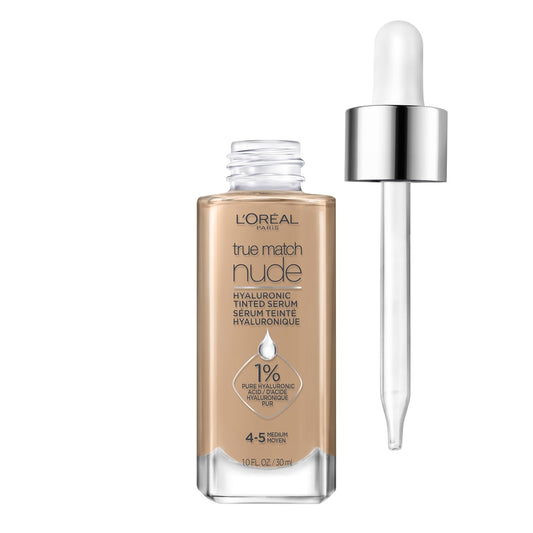 L'Oreal Paris True Match Nude Hyaluronic Tinted Serum Foundation - 1% Hyaluronic Acid, Medium 4-5, 1 fl. oz. | Hydrating, Vegan, Lightweight Coverage